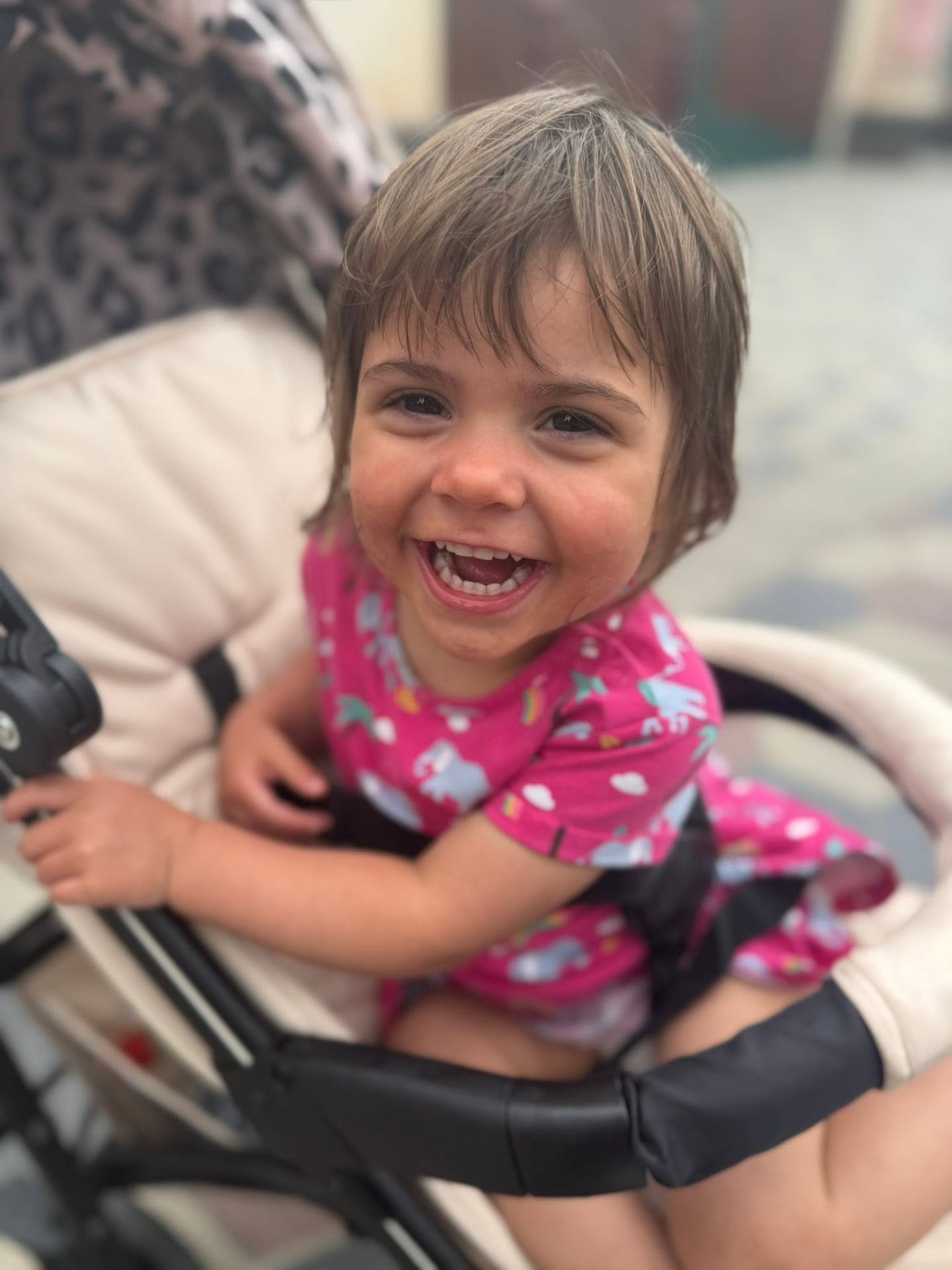 Toddler laughing in the stroller